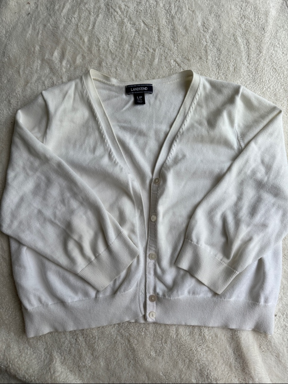 Lands' End Women's White V-Neck Button Cardigan